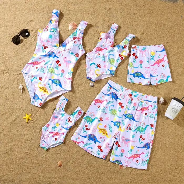 Maillot de bain dinosaures, tenues assorties pour la famille, col en v, mère et fille, robes mère et moi, vêtements père fils, Shorts de bain