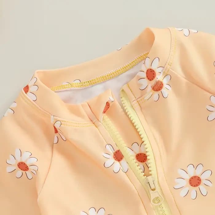 Maillot de bain avec chapeau pour bébé fille, combinaison à manches longues, imprimé fleuri, fermeture éclair, tenue de bain d'été, 0-3M