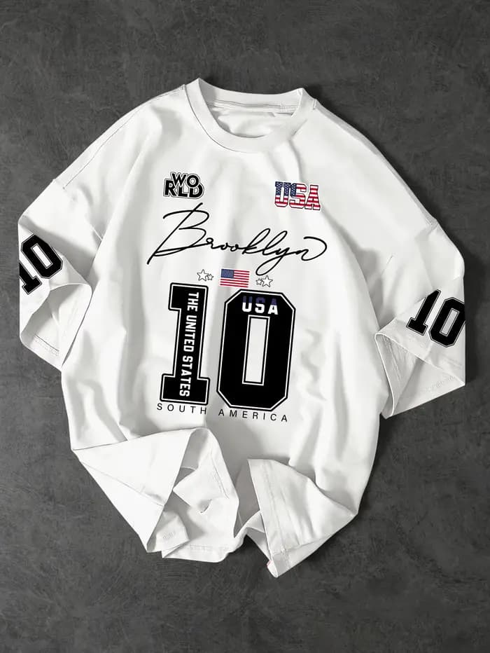 T-shirt surdimensionné à imprimé style Brooklyn USA 10, streetwear pour hommes, tee-shirt vintage en jersey