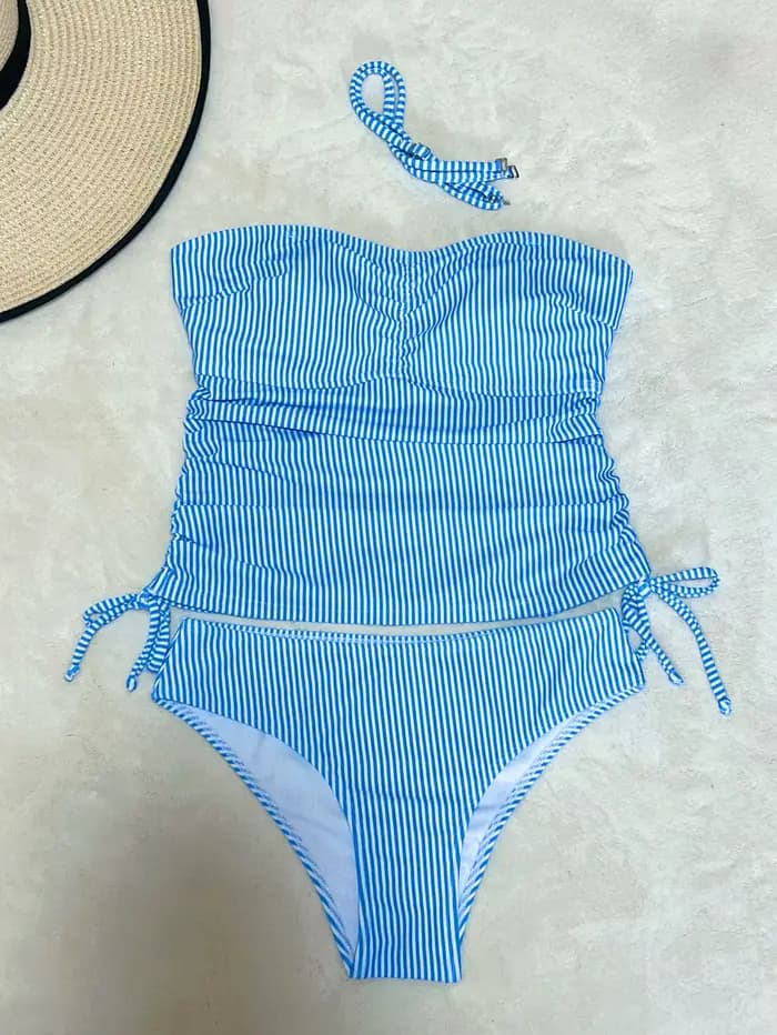 Maillot de bain Tankini tendance, ensemble deux pièces à rayures bleues, avec bas taille haute et haut de protection contre les éruptions cutanées, été, 2025
