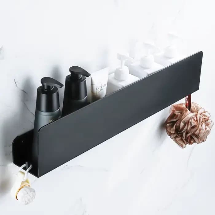 Étagère de rangement de salle de bain noire avec crochets, étagères de décoration de cuisine en aluminium sur le mur, support de rangement de douche, support mural