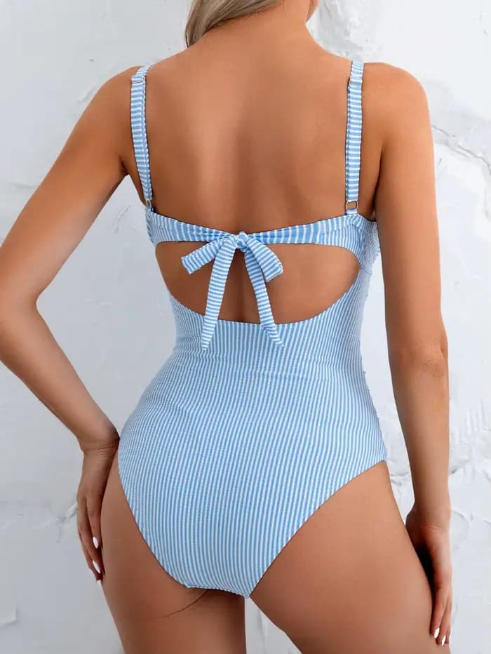 Vintage bleu ciel rayé une pièce maillot de bain 2026 femmes évider croix mince ventre contrôle maillots de bain plage vacances maillot de bain