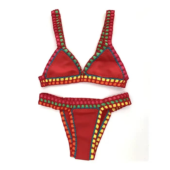 Femmes Boho Sexy maillots de bain avec élastique fait à la main rouge Crochet Beachweaar 2 pièces Bikini ensemble bord de piscine porter des tenues de vacances