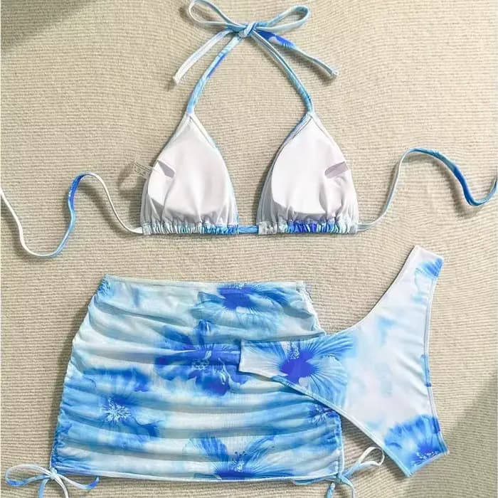 Sexy 3 pièces ensemble Bikini femmes imprimé maillot de bain fendu sangle de cou