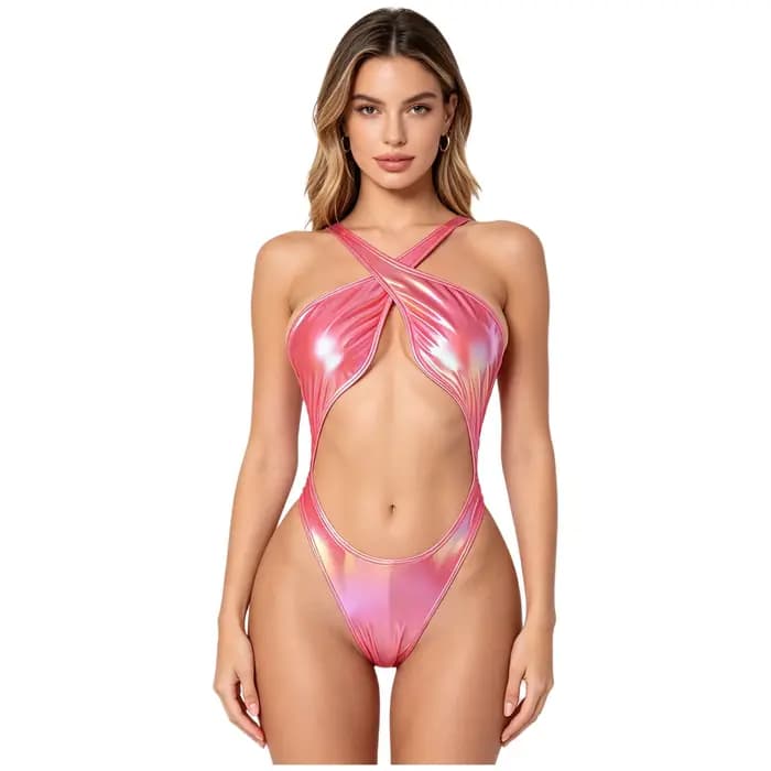 Maillot de bain une pièce pour femme, monokini, coupe haute, dos nu, métallisé irisé, avec coussinets de poitrine