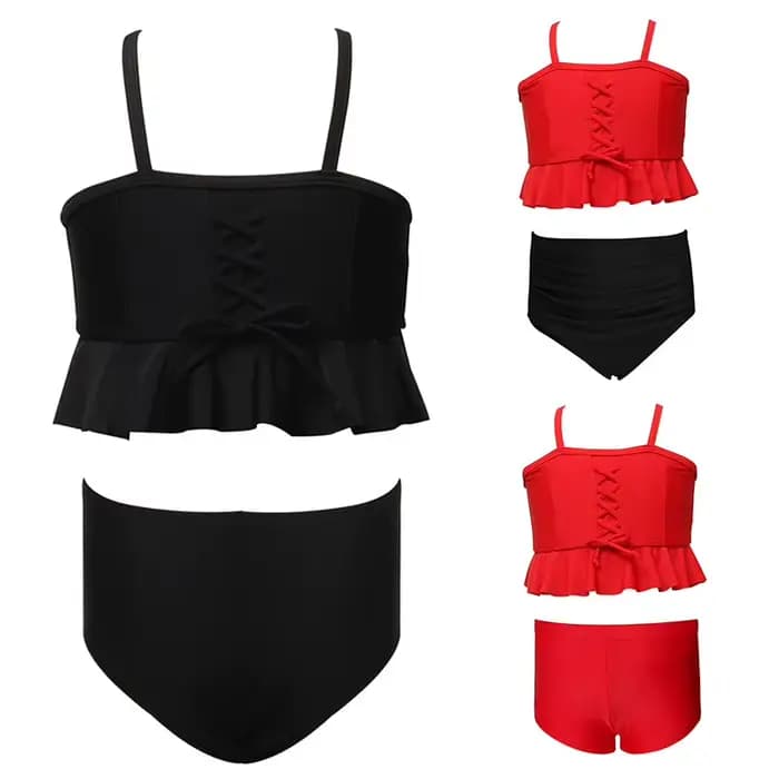 Maillot de bain 2 pièces taille haute à volants gaufré pour fille