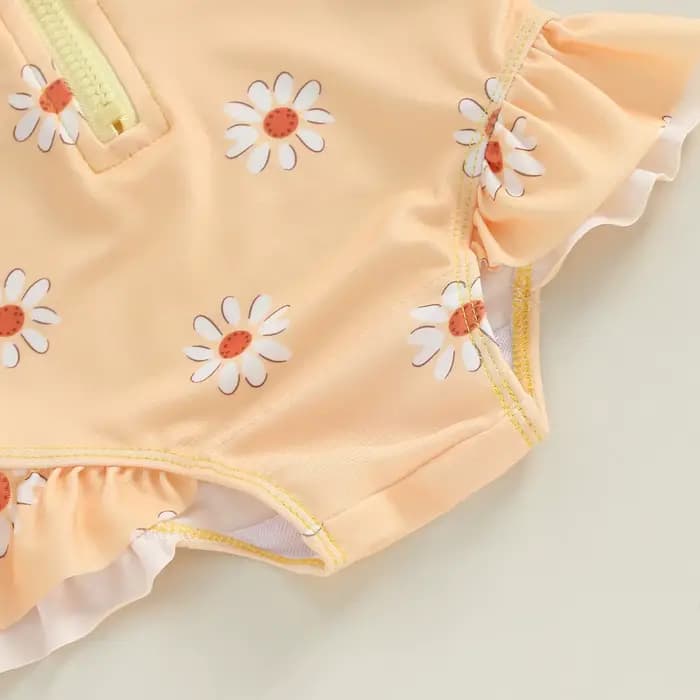 Maillot de bain avec chapeau pour bébé fille, combinaison à manches longues, imprimé fleuri, fermeture éclair, tenue de bain d'été, 0-3M