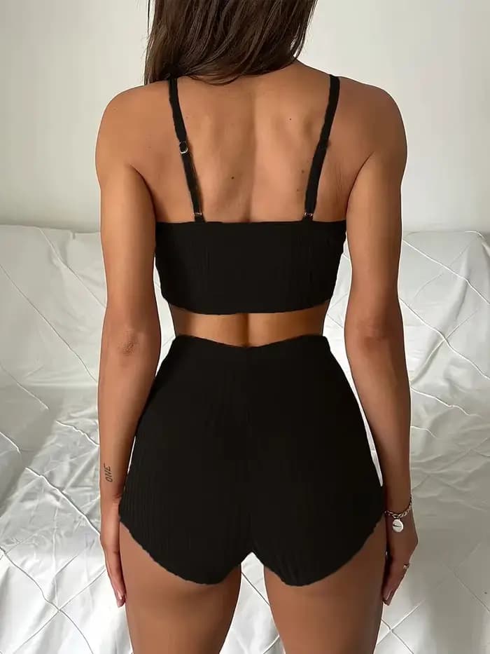 Maillot de bain côtelé sexy pour femme, col en V, avec bretelles et short, 2 pièces, coupe ajustée, style brésilien, collection été 2026