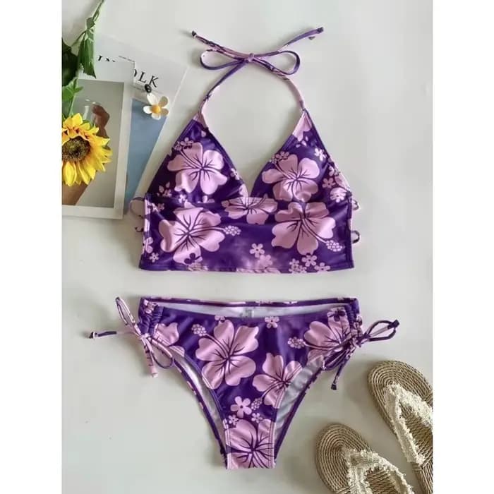 Maillot de bain à motif Floral pour femmes, ensemble deux pièces, col en V, col licou, lacets sur le côté, vêtements de plage, nouvelle collection 2025