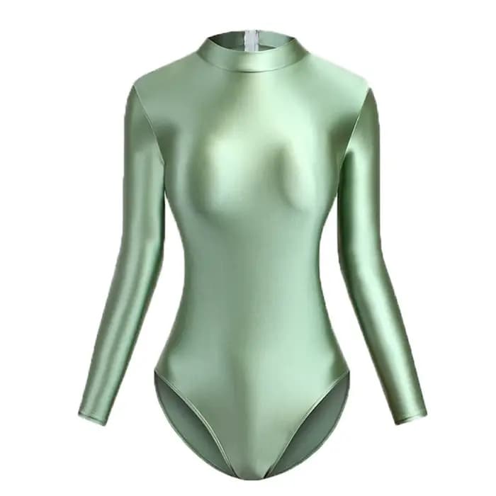 MJINM femmes soyeux brillant col haut dos fermeture éclair maillots de bain à manches longues une pièce