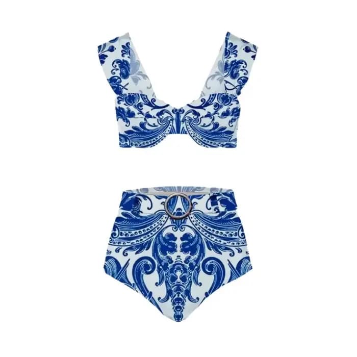 Nouvelle Collection : Ensemble Bikini Taille Haute Imprimé Rétro pour Femme – Maillot de Bain Deux Pièces Élégant avec Jupe de Plage pour Vacances et Bains Thermales