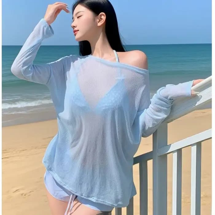 Ensemble de maillots de bain pour femmes à lacets, vêtements de plage, protection solaire, 4 pièces, bikini, maillot de bain ample en maille transparente à manches longues
