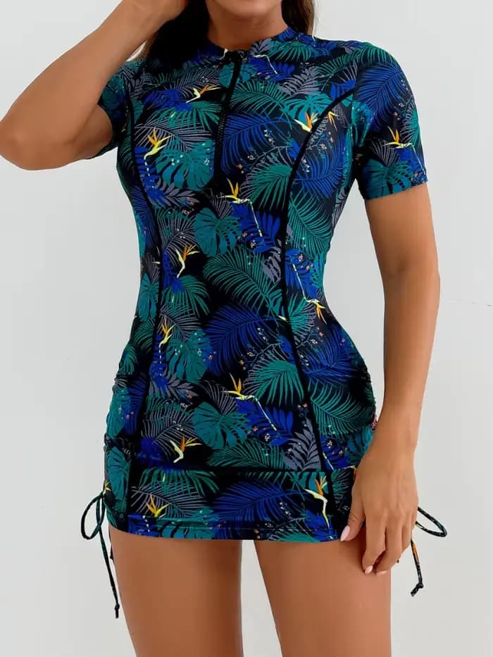 Maillot de bain deux pièces femme 2026 Nouveauté Manches courtes Imprimé Fermeture éclair Fendu Taille haute Tenue de