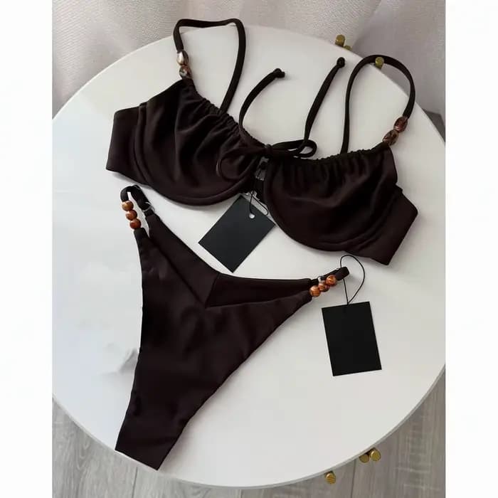 Nouveau Maillot de Bain Sexy 2026 avec Armatures et Rembourrage, Ensemble Micro Bikini à Lacets, Tenue de Plage Femme Push-Up Taille Basse, Biquini Décoré de Perles