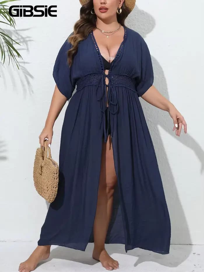 GIBSIE-Couverture de maillot de bain grande taille pour femme, kimono frontal solide, vêtements de plage, protection solaire, tunique longue, couvertures de bikini