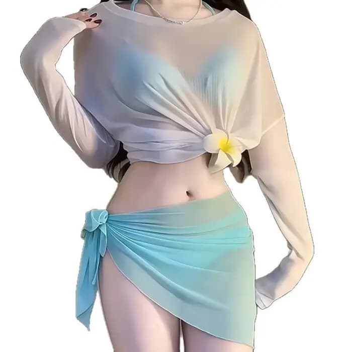 Ensemble de maillot de bain trois pièces bleu clair élégant avec jupe paréo transparente à manches longues, maillot de bain modeste pour la plage, la piscine et les vacances