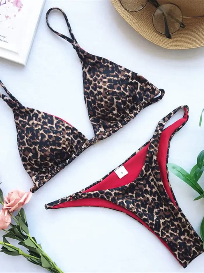Maillot de bain sexy léopard brésilien pour femme, ensemble bikini deux pièces XS-L V1149