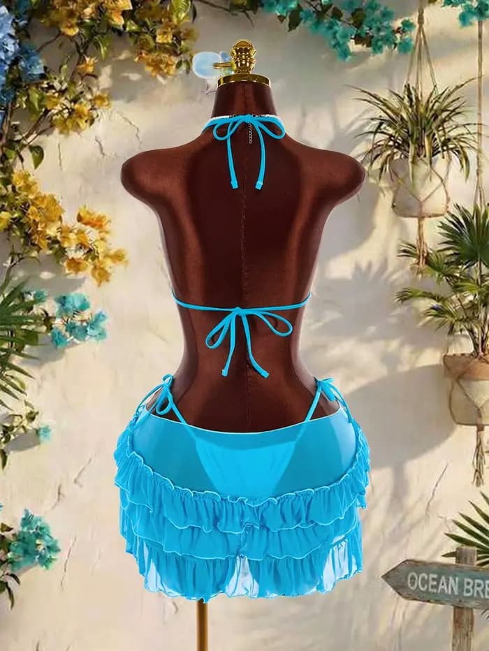 Ensemble de bikinis vintage bleu à fleurs 3D pour femmes, maillot de bain 3 pièces avec jupe en maille à volants, soutien-gorge push-up sexy, tenue de bain de vacances 2026