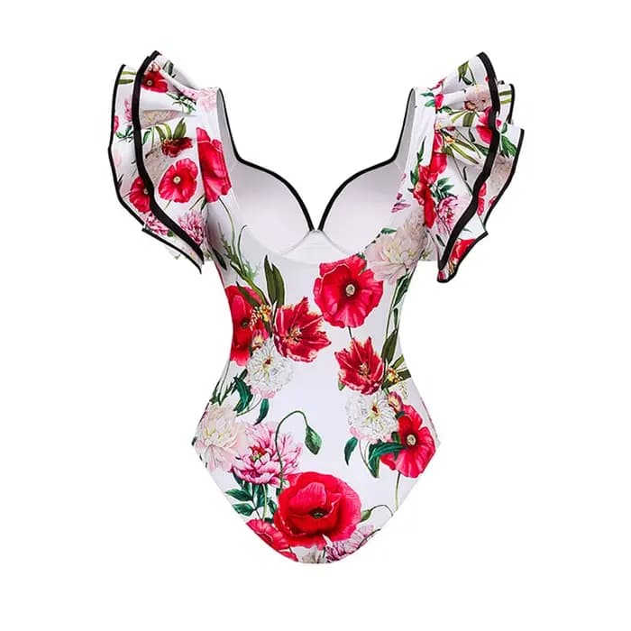 Maillot de bain une pièce vintage à volants imprimé floral rouge et jupe assortie