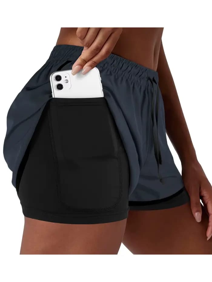 Shorts de course double couche pour femme, séchage rapide, longueur trois-quarts, style sportif décontracté, effet deux-en-un