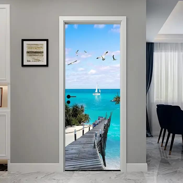 Autocollant Mural de porte 3D vue sur la mer plage, papier peint auto-adhésif en PVC bleu ciel, paysage d'été, couverture complète de porte pour réfrigérateur