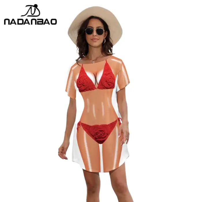 Nadanbao femmes sirène Bikini corps Pattrn T-shirt robe été Bikini couvrir robe à manches courtes Baggy chemises maillot de bain tendance