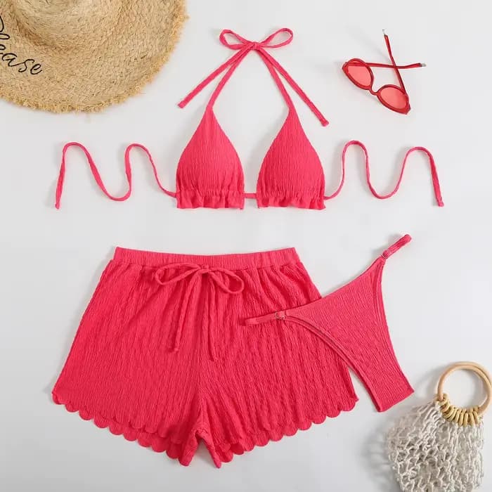 Ensemble de 3 pièces : Bikini string triangle 2026 pour femme, maillot de bain halter uni et sexy