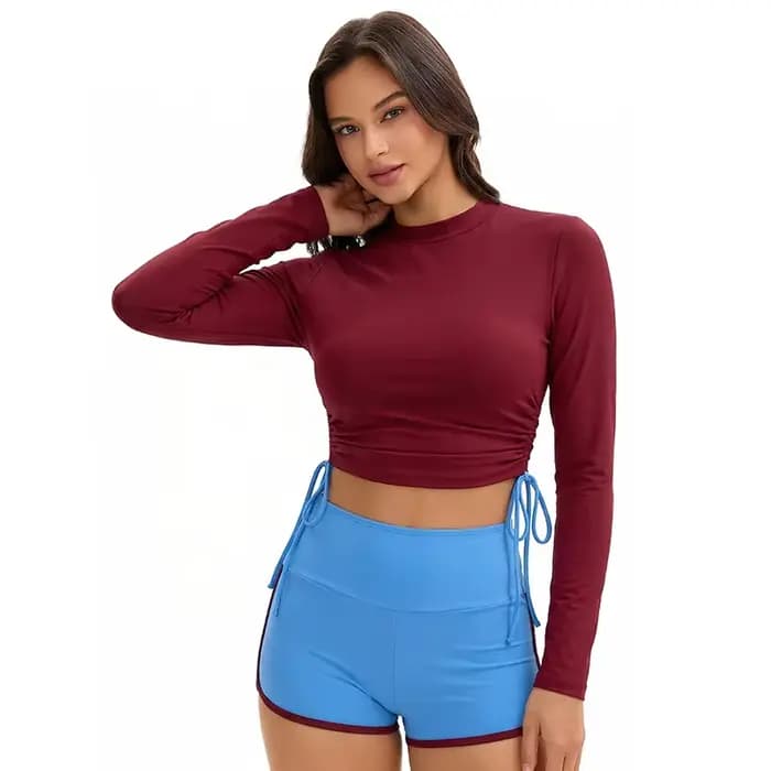 Maillots de bain à manches longues pour femmes, ensemble deux pièces, col montant, protection anti-UV, style modeste pour le surf, couleurs contrastées avec coupe Boyleg