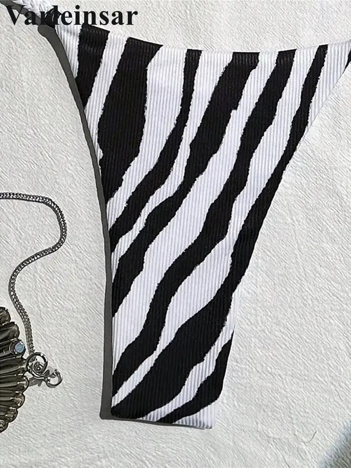 XS - L Zebra Halter Mini Thong Bikini Maillot de bain femme Ensemble bikini deux pièces rembourré V6759