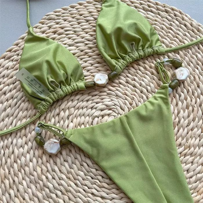 Maillots de bain vert uni Sexy licou Triangle perle String Bikini Mini Micro