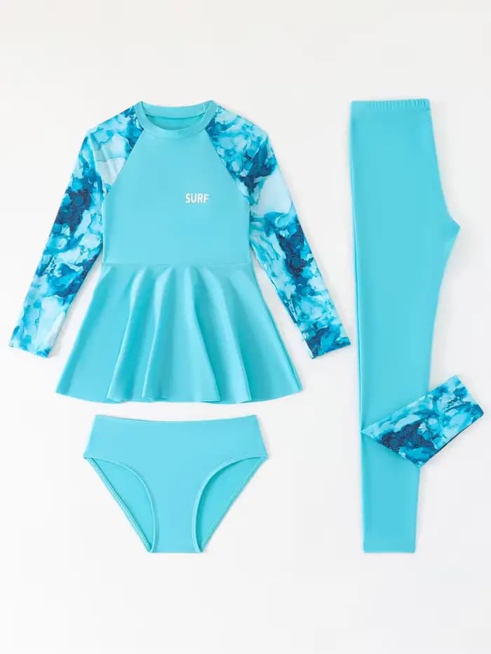 Maillot de bain pour filles 2026 Nouvelle collection – Ensemble 3 pièces tie-dye uni à manches longues