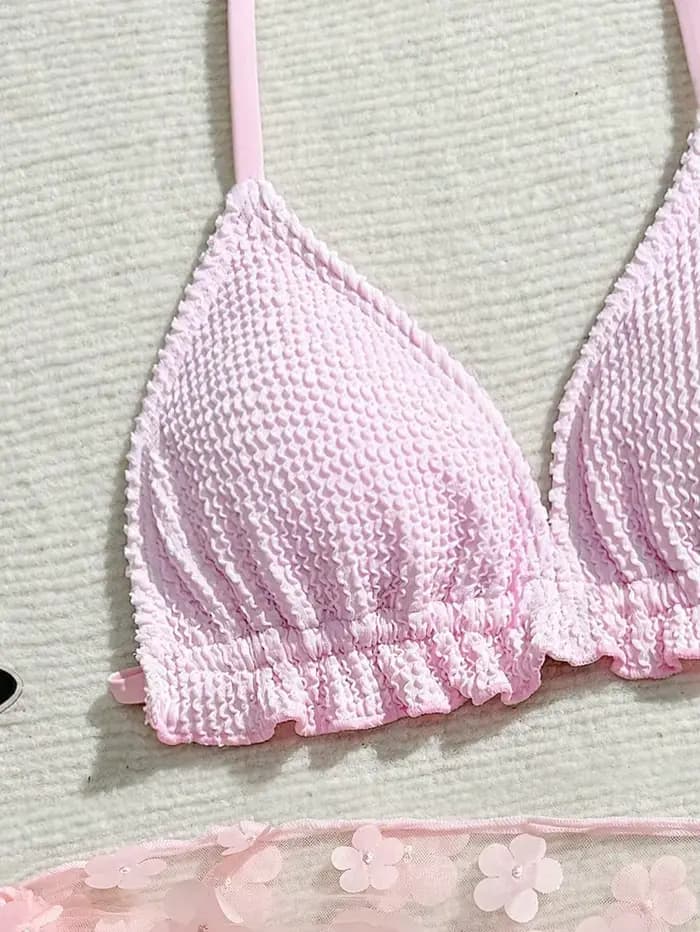 Ensemble de bikinis 3 pièces pour adolescentes et jeunes filles, jupe de plage en maille florale 3D, maillot de bain pour filles de 7 à 16 ans, maillot de bain mignon et décontracté pour grandes fille