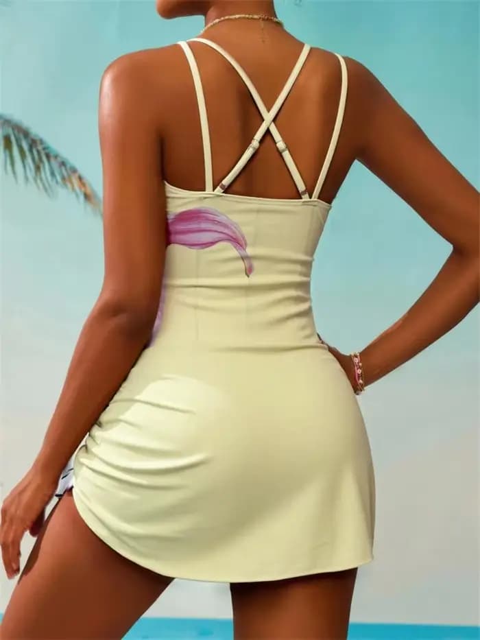 Vintage jaune Lily imprimé fleuri une pièce maillot de bain femmes Double sangle col en V vacances mince ventre