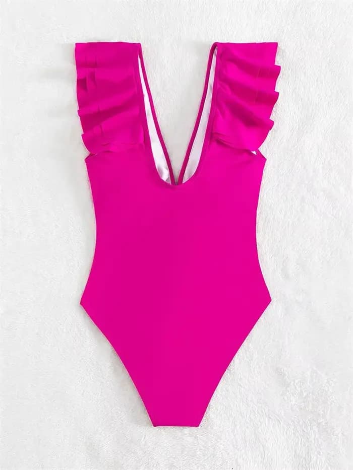 Maillot de bain sexy à volants pour femme, rose vif uni, col en V, effet ventre plat, monokini, collection été 2026, maillot de bain une pièce dos nu