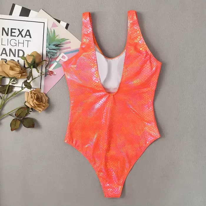 Maillot de bain une pièce imprimé peau de serpent Orange brillant, Sexy, col en U, amincissant, dos nu, Monokini, pour femmes, 2025