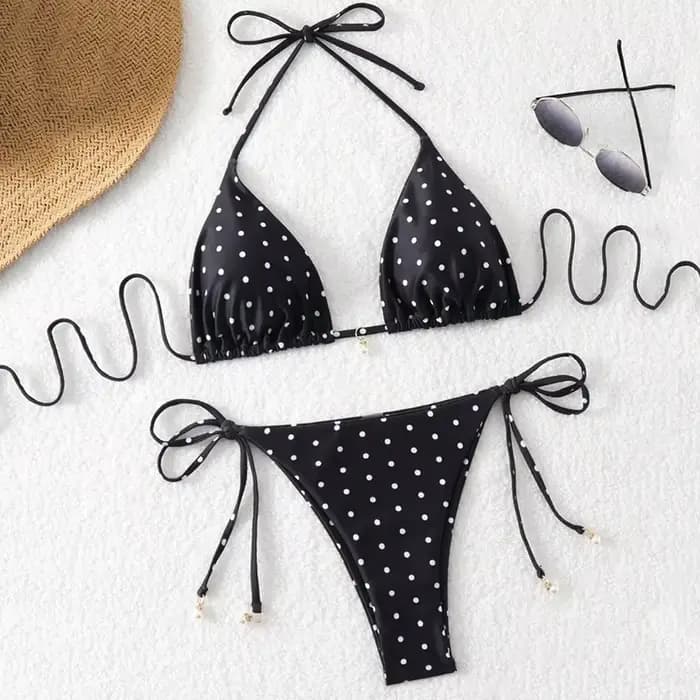 Nouveau Maillot de Bain 2 Pièces à Pois 2026 pour Femme – Ensemble Bikini Sexy Noir et Blanc Style Américain – Maillot de Plage