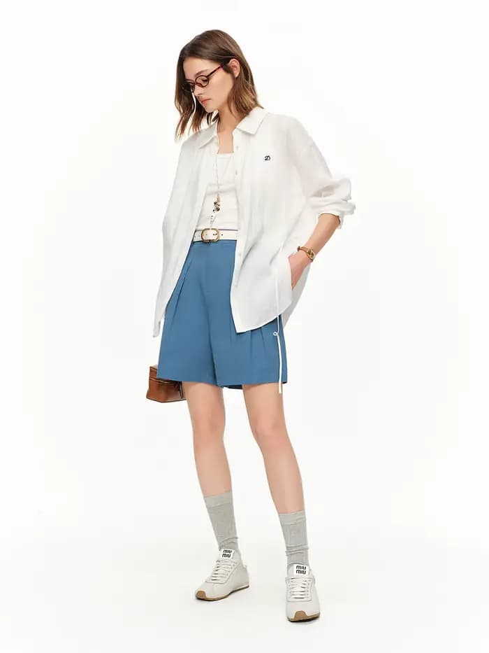 DUSHU Short taille haute coupe trapèze à jambes larges Blanc Style décontracté Idéal pour l'été 2026 Bleu Simple Loisirs Coton Confort Quotidien