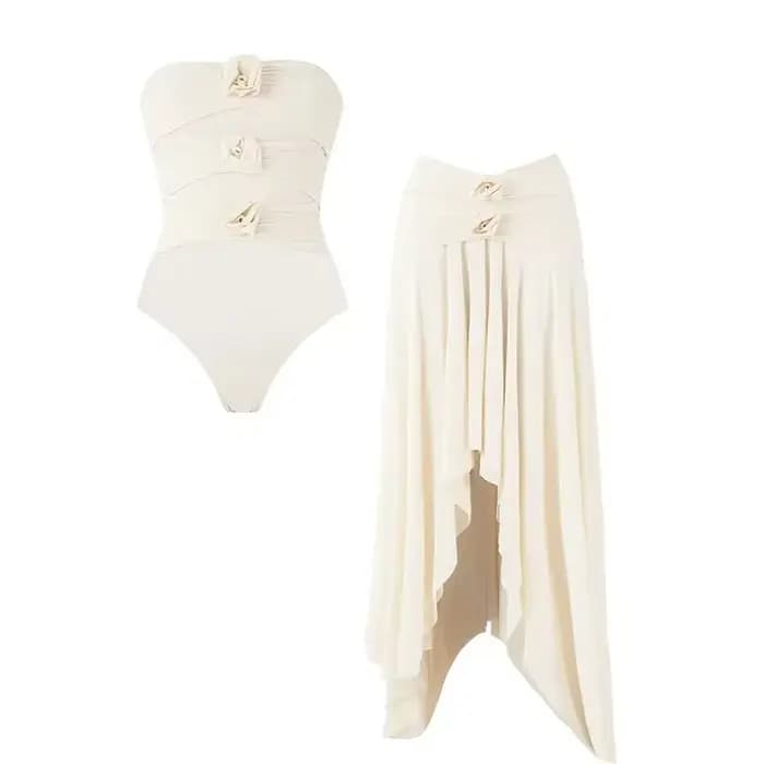 Ensemble Bikini deux pièces Push-Up à fleurs 3D pour femmes, soutien-gorge rembourré, maillot de bain blanc, vêtements de plage, Monokini féminin