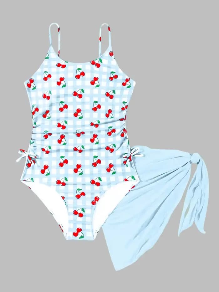 Maillot de bain une pièce pour filles, nouvelle collection 2026, motif bleu à carreaux et cerises, avec bretelles, maillot de bain pour enfants, tenue de plage estivale en maille, paréo de bain