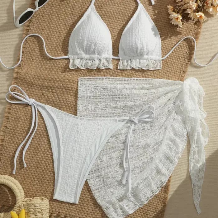 2025 femmes Sexy licou Bikini 3 pièces ensemble solide blanc laiteux maillot de bain avec maille couverture Ups plage