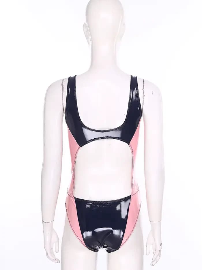 Maillot de bain une pièce en similicuir PU pour femme, col rond, sans manches, coupe haute, effet mouillé, style justaucorps, tenue de plage
