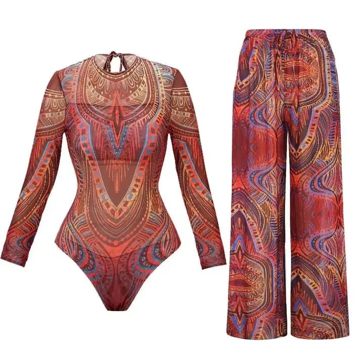 Maillot de bain une pièce imprimé coloré pour femme, maillot de bain à manches longues, style rétro, ensemble body et pantalon, tenue de plage féminine