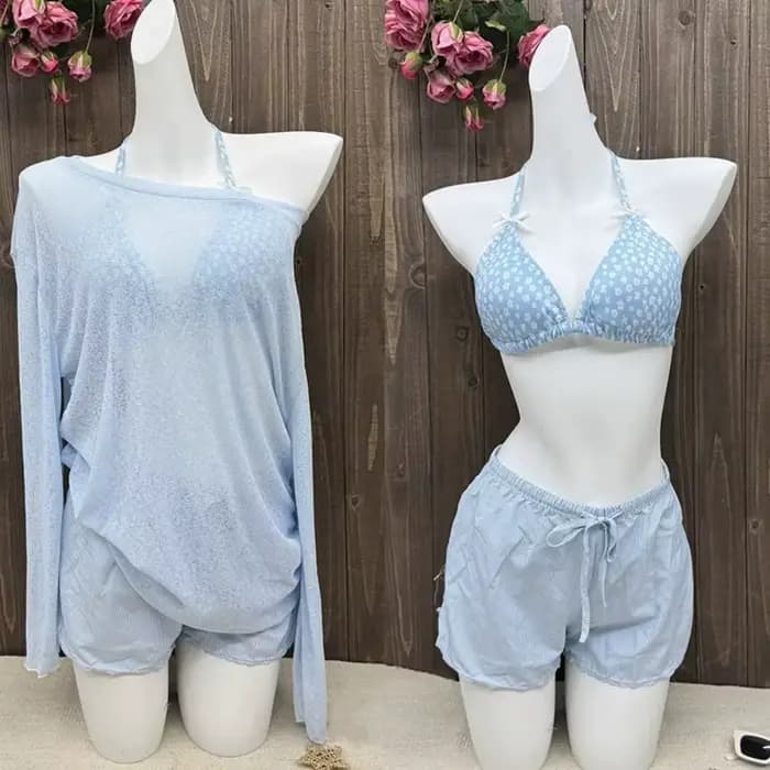 Ensemble de maillots de bain pour femmes à lacets, maillot de bain en maille transparente, 4 pièces, bikini, protection solaire, maillot de bain ample à manches longues