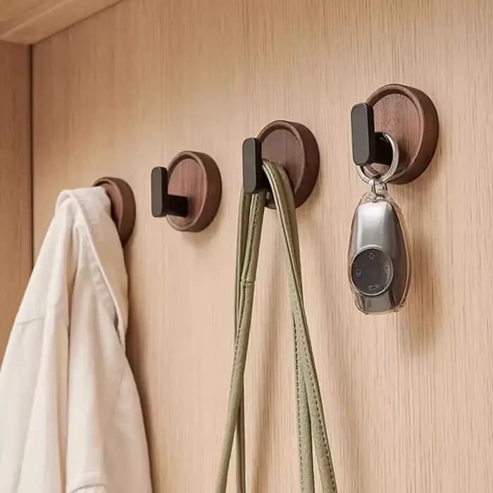 Crochet mural en bois de noyer, sans poinçon, pour Robe de salle de bain, manteau, serviettes, porte-clé, crochet suspendu, organisateur de cuisine, accessoires de quincaillerie
