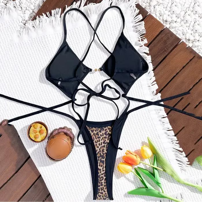 Maillots de bain une pièce à imprimé léopard pour femmes, bikini triangle à lacets, maillot de bain 2026, monokini ajouré, maillot de bain d'été