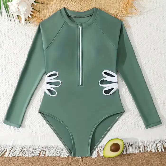 Maillot de bain une pièce avec Protection UV pour filles, noir, manches longues, avec découpe de fleurs blanches, vêtements de natation pour filles