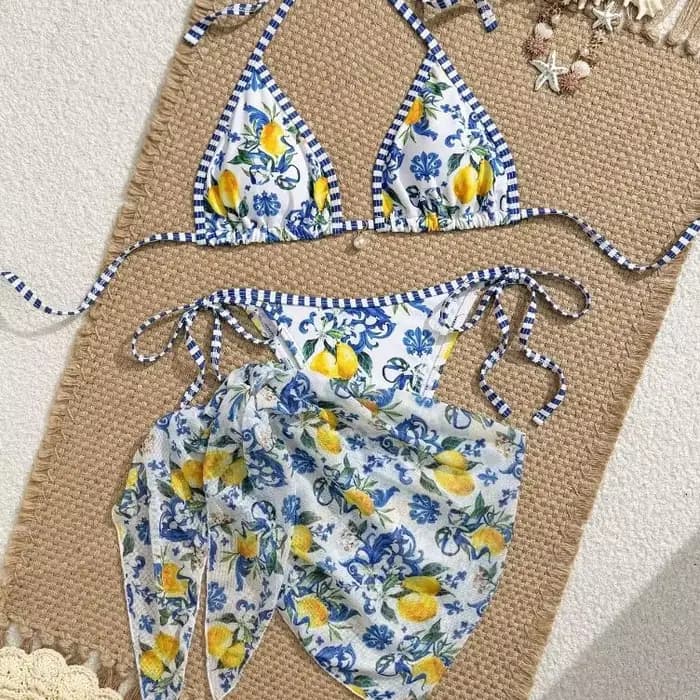 Maillot de bain bikini sexy trois pièces thème citron 2026 pour la plage et les sources chaudes – Polyester et élasthanne de haute qualité