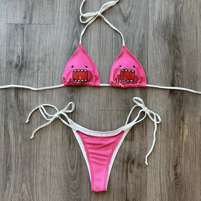Maillot de bain bikini style Ins pour femme, bleu clair, imprimé requin, dos nu, à nouer sur les côtés