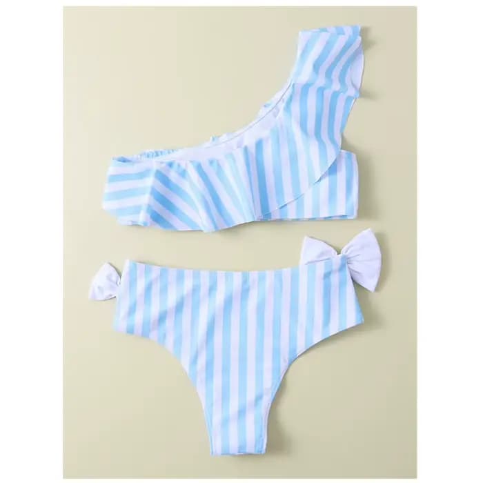 Filles à volants nœud Bikini deux pièces maillot de bain enfants rayé une épaule maillots