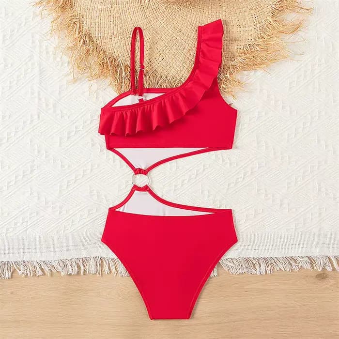 Bikini filles enfants maillots de bain une épaule volants maillots de bain couleur unie dos nu maillot de bain